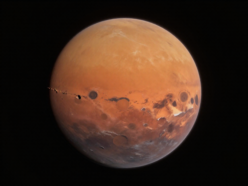 Full-disk photo of Mars showing its reddish-orange color against the blackness of space