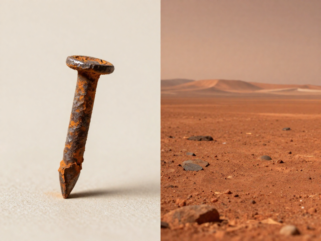 A rusty iron nail beside the rust-colored Martian surface showing the same chemistry