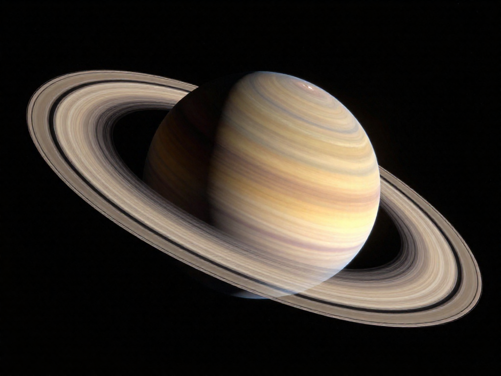 Saturn with its prominent tilted rings glowing in sunlight against a starry background