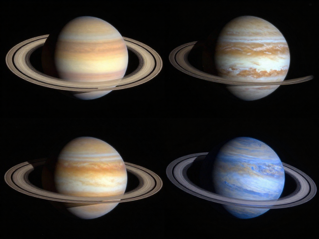 Comparison of ring systems around Saturn, Jupiter, Uranus, and Neptune