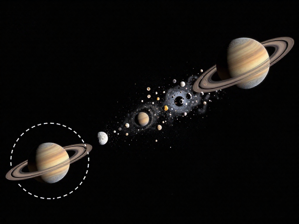 Diagram of the Roche limit showing a moon shattering into rings around Saturn