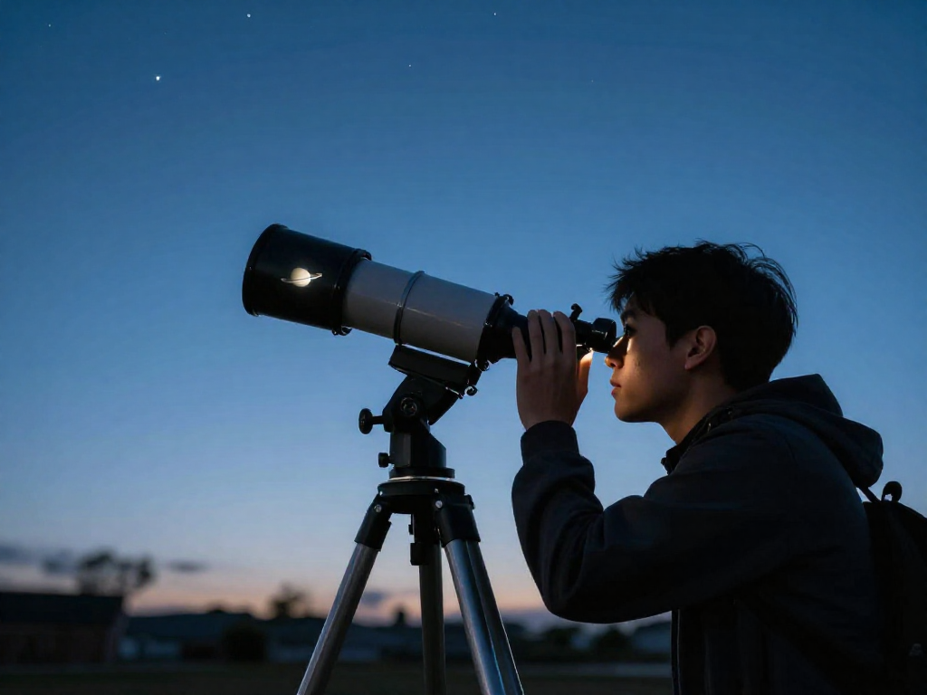 A stargazer viewing Saturn and its rings through a backyard telescope at night