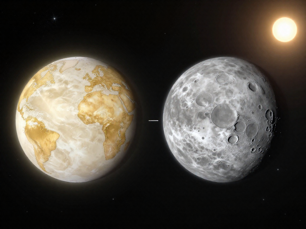 Venus shown as a bright golden cloud-covered planet beside gray cratered Mercury against a starry background