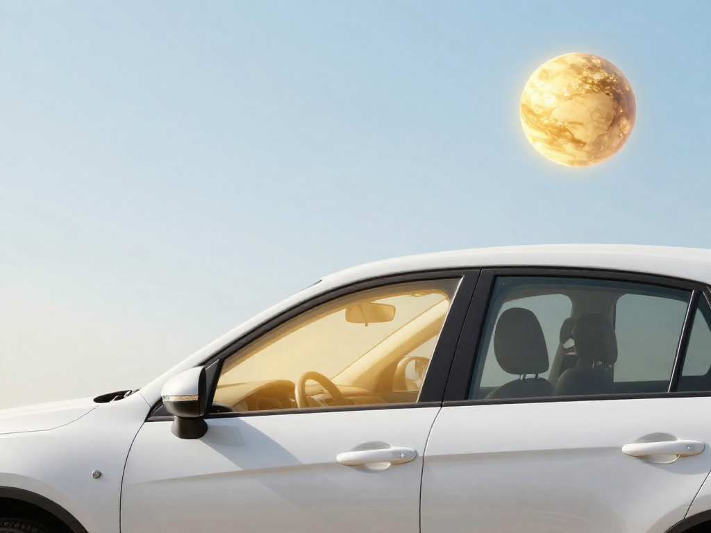A car warming up in the sun beside a glowing Venus, illustrating how heat gets trapped
