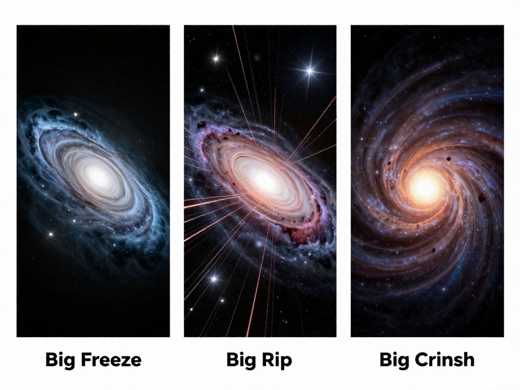 Three-panel comparison of the Big Freeze, Big Rip, and Big Crunch cosmic scenarios